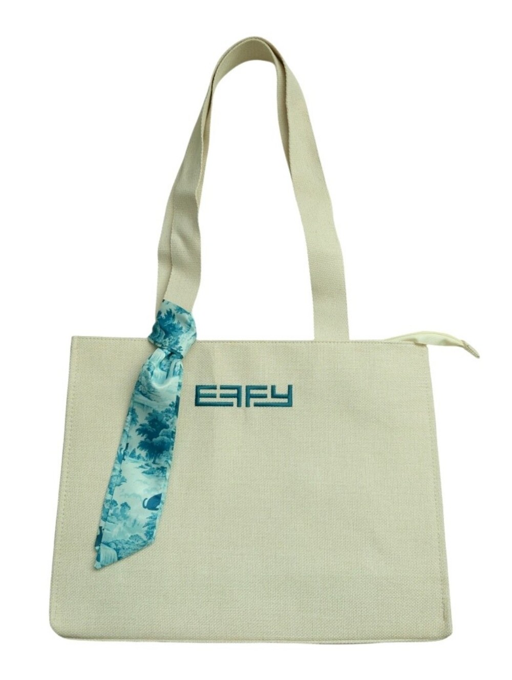 EFFY Natural Canvas Linen Blend Zippered Tote Embroidered Logo Blue Accent Scarf